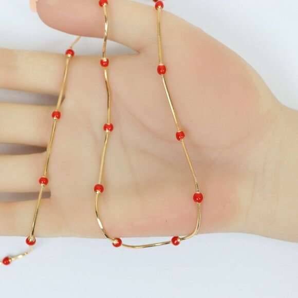 "Rose Gold Necklace with Red Beads Elegant Accent Chain, XPNL0134 - Picture 4 of 12